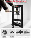 Person using 6 Ton Hydraulic Shop Press With Adjustable Worktable And Stamping Plates for auto repair in garage