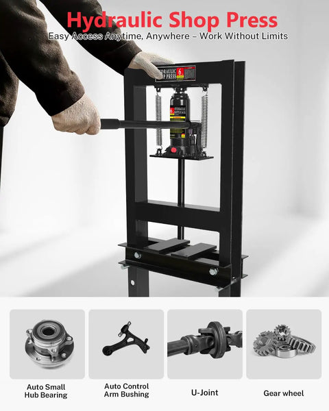 Person using 6 Ton Hydraulic Shop Press With Adjustable Worktable And Stamping Plates for auto repair in garage