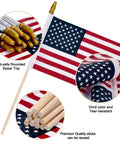 12 Pack Small American Flags On Sticks 4x6 Inch Mini US Flags For Outdoor Use with close-ups of spear top and wooden poles