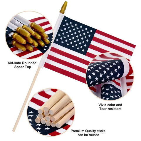 12 Pack Small American Flags On Sticks 4x6 Inch Mini US Flags For Outdoor Use with close-ups of spear top and wooden poles