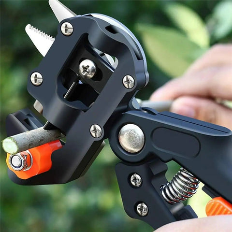 Pro Grade 2-In-1 Grafting And Pruning Tool With Replaceable Omega Cut V Cut And U Cut Blades SK5 Steel Durable ABS Handle In Black And Orange Heavy-Duty Pruner For Precise Grafts And Efficient Garden Pruning, close-up on branch
