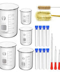 Glass Beaker Set for Lab Work 5 Piece Beaker Kit 50ml 100ml 250ml 500ml 1000ml with 2 cleaning brushes, 3 droppers, 2 stirring rods