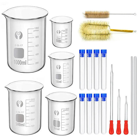 Glass Beaker Set for Lab Work 5 Piece Beaker Kit 50ml 100ml 250ml 500ml 1000ml with 2 cleaning brushes, 3 droppers, 2 stirring rods