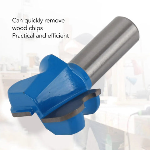 Versatile 1/2 Inch Drawer Pull Router Bit Made From Tough Tungsten Steel Alloy With PTFE Coating For Smooth Woodgrooving On Any DIY Project And Ready To Carry Around, close-up view showing sharp blade.
