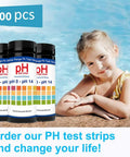 Girl at poolside with 100 Count PH Test Strips For Aquarium And Home Use In Airtight Bottle With 0 To 14 Range Litmus Paper.