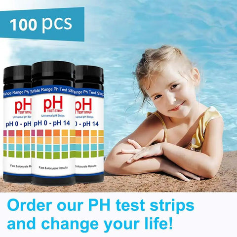 Girl at poolside with 100 Count PH Test Strips For Aquarium And Home Use In Airtight Bottle With 0 To 14 Range Litmus Paper.