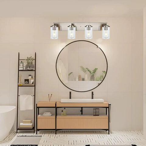 Modern bathroom with 4 Light Brushed Nickel Bathroom Vanity Light Fixture With Seeded Glass Wall Sconce above mirror.
