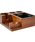 Solid Wood Espresso Tamper Holder Combo With Integrated Knock Box And Grounds Bin Fits Standard 58 Millimeter Portafilters, wooden organizer with compartments.