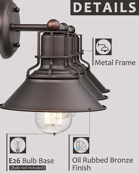 Industrial 3 Light Vanity Light In Oil Rubbed Bronze For Bathroom Wall Sconce with visible metal frame and E26 bulb base.