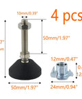 Industrial Grade Heavy Duty Badass M10 Adjustable Leveling Feet Kit With Four Tee Nuts For Machinery And Cabinet Setup Quick Install Precision Rubber Base Pads dimensions and components.