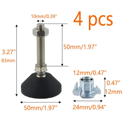Industrial Grade Heavy Duty Badass M10 Adjustable Leveling Feet Kit With Four Tee Nuts For Machinery And Cabinet Setup Quick Install Precision Rubber Base Pads dimensions and components.