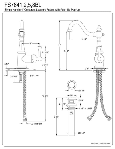 Technical diagram of Old School Vintage Style Single Handle Lavatory Faucet With Push Pop Up Drain Plate Polished Chrome Solid Brass Construction