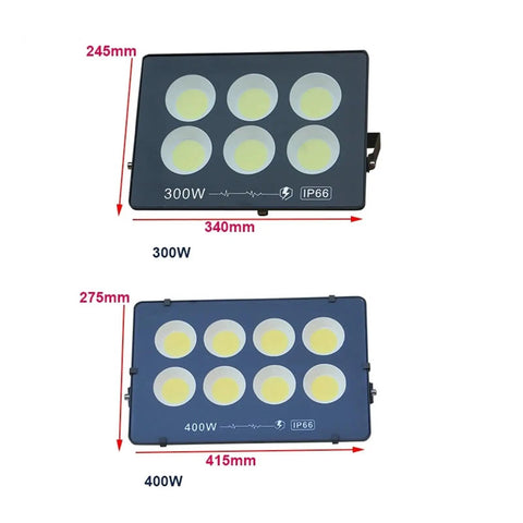 JUDYSSY Ultrathin Led Flood Light 300W and 400W models with measurements and IP66 waterproof rating.