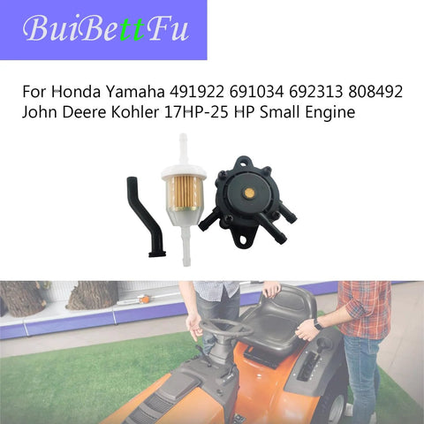 Fuel Pump With Filter For Lawn Mowers And Small Engines Easy No Hassle Install Replacement Part For Honda Yamaha Kohler John Deere 17 Hp To 25 Hp Fits 24 393 Series And Other Kohler 17 To 25 Hp Engines displayed against a background.