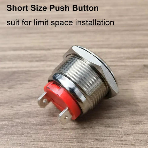 19mm Stainless Steel Momentary Push Button Switch, Short Type, Waterproof 2 Pin SPST, Push And Hold On Release Off, Self Reset, Heavy Duty 20A/12-24V And 15A/220V, Built Tough For Wet Environments, red terminal view