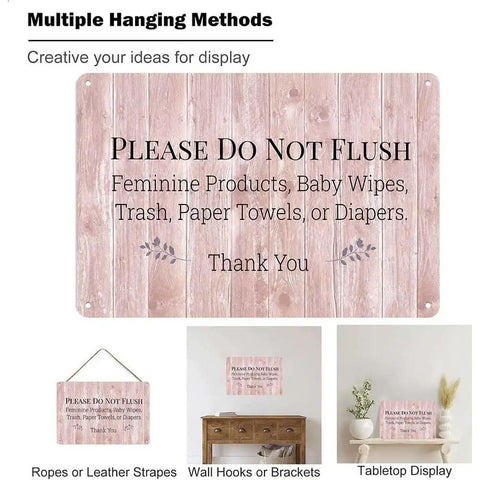 Aluminum 8x12 Rustic Wood Print Restroom Reminder Sign No Flush For Feminine Products, Baby Wipes, Trash, Paper Towels, Diapering Supplies, Wall Mountable Hygiene Sign