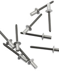 Aluminum Pop Rivet Kit 120Pcs With Steel Mandrel Dome Head Rivets 3/16 Inch Diameter scattered on white background