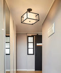 Dope Modern Semi Flush Mount Ceiling Light With Fabric Drum Shade And Black Metal Frame, hallway view