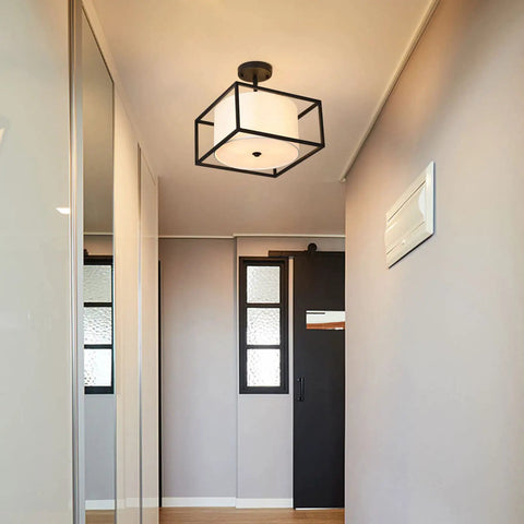 Dope Modern Semi Flush Mount Ceiling Light With Fabric Drum Shade And Black Metal Frame, hallway view