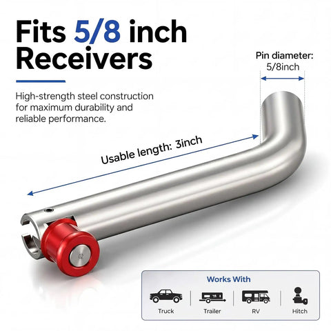 Stainless Steel Five Eighths Inch Trailer Hitch Pin Lock Easy Install Lock It Down Anti Theft Security, side view with red end