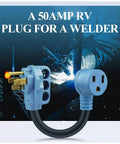 Heavy Duty NEMA 14 50P to 6 50R Welder and RV Power Adapter 4 Prong to 3 Prong Converter with welding background