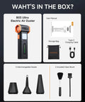 Beast 430G Hurricane Airflow Electric Air Duster box contents with brush, nozzles, manual, charging cable, and storage bag