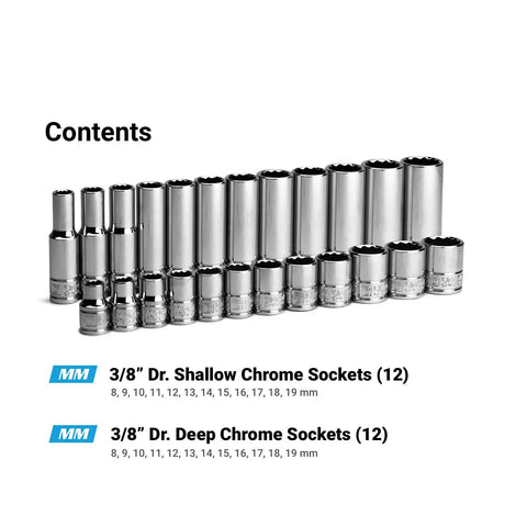 Beefy Three Eighths Inch Drive 12 Point Socket Set With Shallow And Deep Sockets Metric 8 To 19 Mm 24 Piece Chrome Vanadium Steel