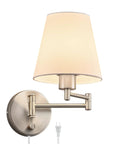 Dope Adjustable Swing Arm Wall Lamp Brushed Nickel With White Fabric Shade Plug In Wall Sconce for Bedroom, Living Room, Hallway