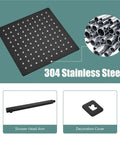 Dope Matte Black 10 Inch Square Rain Shower System with inserted steel tubes, shower head arm, and decoration cover.