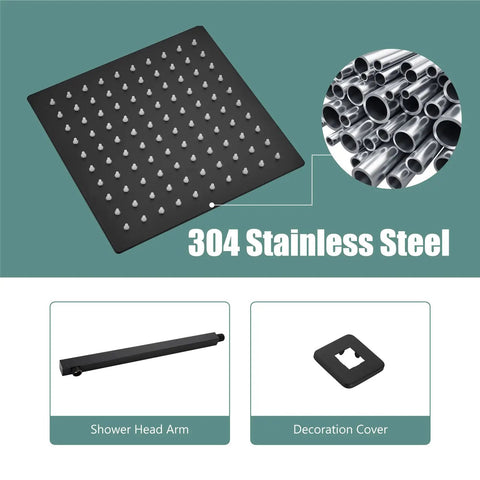 Dope Matte Black 10 Inch Square Rain Shower System with inserted steel tubes, shower head arm, and decoration cover.
