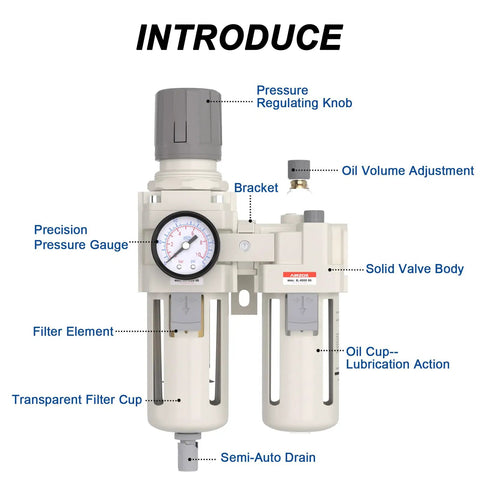 Heavy Duty 3/4 Inch NPT Air Filter Regulator Lubricator Combo With Water Separator 5 Micron Brass Element Semi Auto Drain gauge