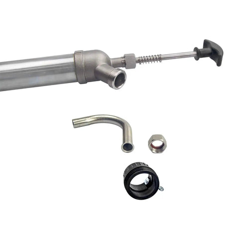 Built Tough Manual Piston Oil Drum Pump For 55 Gallon Barrels showing stainless steel pump parts and accessories.