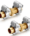 Solid Brass Garden Hose Repair Connector Kit With Half Inch Barb Fittings Dual Head Hose Repair Couplers Includes Stainless Steel Clamps Reusable 2 Pack For Lawn And Yard Watering Easy DIY Fix, showing two brass and stainless steel hose repair couplers with dual heads and clamps in a white background.