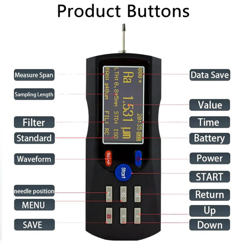 Pro Grade Ultra Accurate Surface Roughness Tester Profilometer With LCD Display showing button functions