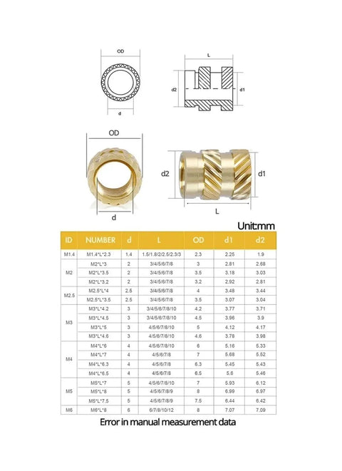 Copper Insert Nut And Bolt Set For M2.5 M3 M4 With Knurled Threads, 260-Piece All-in-One Handy Maintenance Kit, Everyday General Hardware For Quick Fixes, Solid Copper Build For Stable Fit showing size chart and brass insert dimensions