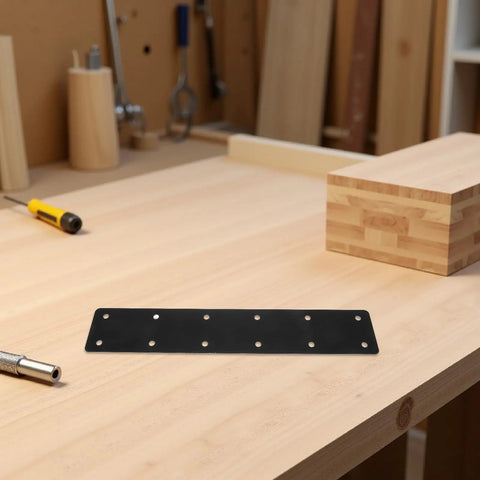 Heavy Duty Stainless Steel Flat Brace Bracket Set on wooden workbench for shelf reinforcement and furniture corners