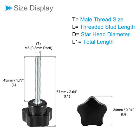 Size diagram of Star Shaped Clamping Knobs M5 by 45mm Thread 24mm Head Plastic Thumb Screws for lathe machinery, overview