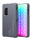 RGB Video Light P96L Portable Metal LED Camera Light 2500 To 8000K Color Temperature 21 Effects CRI 96 Plus OLED Display Long Battery Life Fits Phone And Camera For Dope Photo And Video showing two sides with colorful LEDs and OLED screen