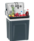 Portable 27 Quart Electric Cooler And Warmer For Car Or Home With Handle 12V/24V DC And 100-240V AC filled with drinks and fruits.