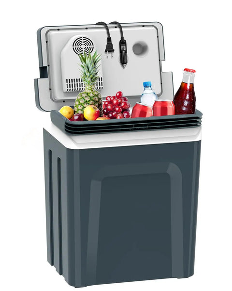 Portable 27 Quart Electric Cooler And Warmer For Car Or Home With Handle 12V/24V DC And 100-240V AC filled with drinks and fruits.