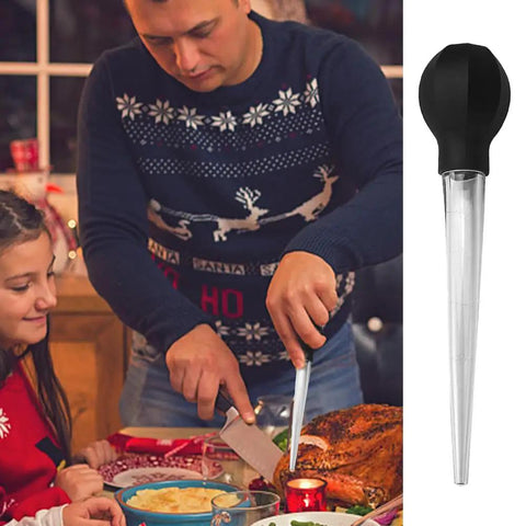Game-Changing Silicone Turkey Baster With Cleaning Brush for juicy turkeys and pan juices, 11.5 inch, on holiday table