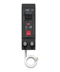 Built Tough 20 Amp Single Pole GFCI Circuit Breaker With Plug On Pigtail Wire For Quick Load Center Installation and Heat Resistant Ground Fault Protection, front view.