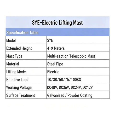 Specification table for SYE Electric Lifting Mast, detailing electric mode, steel material, and extended height of 4-9 meters.