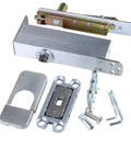 Heavy Duty Pivot Floor Spring Hinge With Hydraulic Door Closer For Zero Drama Install And Badass Holding Power And Solid Grip On Any Wood Door Or Furniture Project, showing aluminum parts and installation screws.