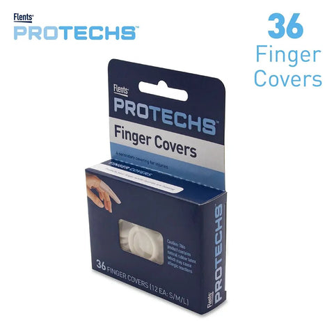 Packaging of 36 Finger Cots for Wound Care and Hygiene, latex finger covers for protecting cuts and injuries, snug fit.