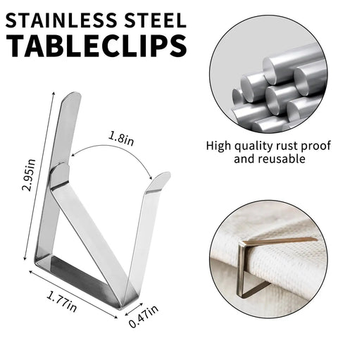 Rustproof Stainless Steel Tablecloth Clips 12 Pack For Outdoor Picnics And Parties with measurements shown and usage examples