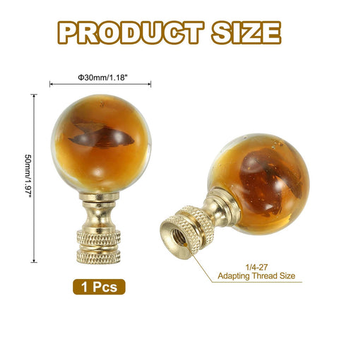 Crystal Ball Lamp Finial Cap 1/4-27 Thread Gold Tone Metal Decor showing size dimensions 50mm height, 30mm diameter