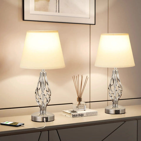 White Touch Table Lamps Set Of 2 With USB C Ports And USB A, Spiral Cage Base Design, 3 Way Dimmable on a nightstand