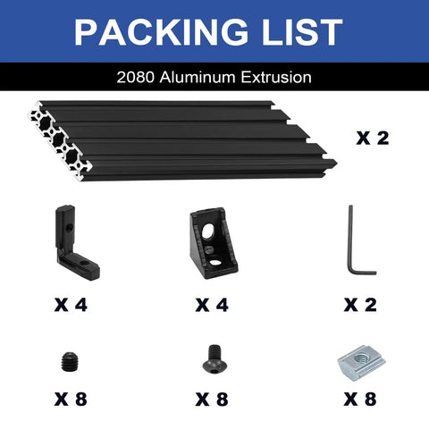 Packing list image showing two pack 2080 T Slot Aluminum Extrusion 1220mm Black 20x80 Profile for Framing European Standard Anodized Linear Rail