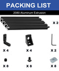 Packing list for Two Pack 2080 T Slot Aluminum Extrusion 300mm Black Profile, includes brackets, screws, and tool
